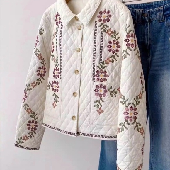 Christian Lacroix Jackets & Blazers - Christian Lacroix White Quilted Bomber Jacket with Floral Cross-Stitch